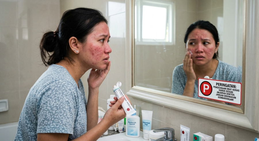 Ilustrasi penggunaan skincare apotek seperti Melanox dan Vitacid yang sebaiknya digunakan sesuai resep dokter untuk menghindari iritasi kulit.