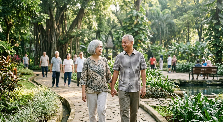 Ilustrasi seorang pria dan wanita paruh baya menikmati waktu bersama di taman sebagai gambaran kebiasaan positif yang meningkatkan kebahagiaan menurut psikologi.