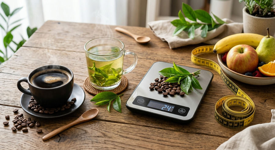 Secangkir kopi hitam dan teh hijau tanpa gula sebagai minuman rendah kalori yang dapat membantu program penurunan berat badan bila dikonsumsi bersama pola hidup sehat.