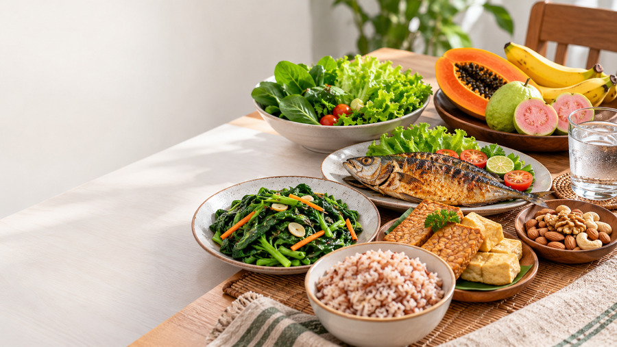 Makanan bergizi seimbang berupa sayuran, buah, ikan, tempe, kacang-kacangan, nasi, dan air putih untuk mendukung kesehatan otak.